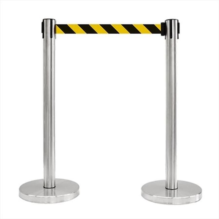 Vic Crowd Control Inc VIP Crowd Control 1017 12 in. Flat Base Satin Stainless Post Retractable Belt Stanchion - 6.5 ft. Safety Stripe belt 1017